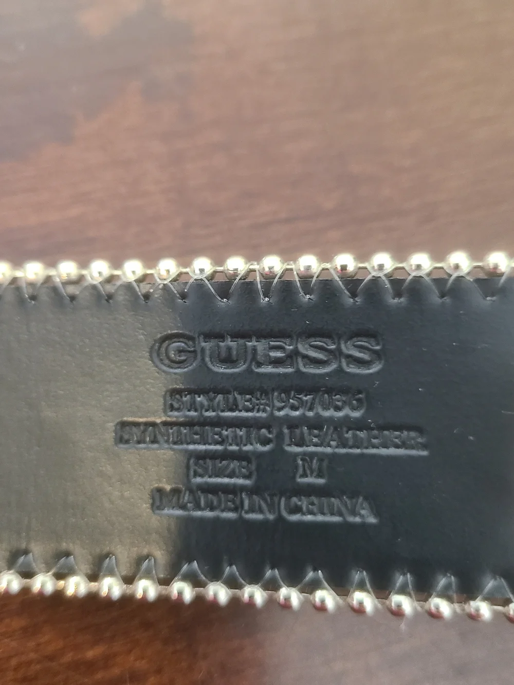 Guess Black Leather-Look Belt with Silver Beaded Edge